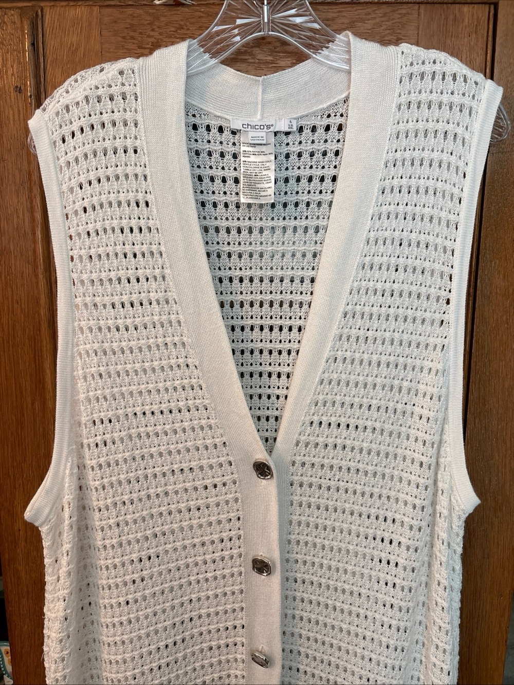 Chico's White Open-Knit Button Long Front Vest with Slits